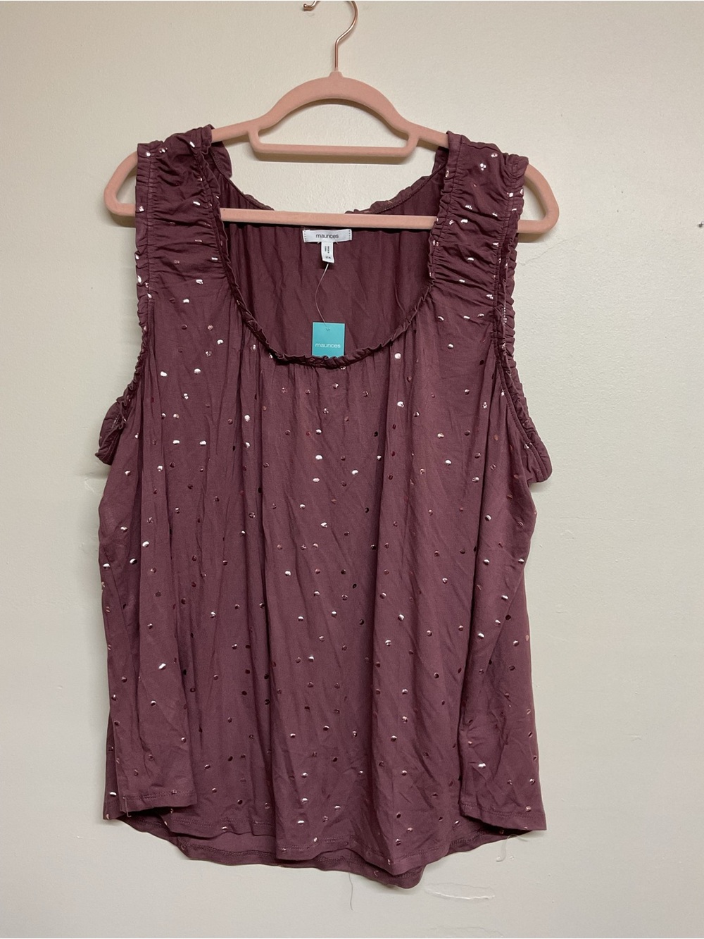 Maurices Mauve Sleeveless Ruffle-Trim Scoop Neck Tank with White Dot Detail